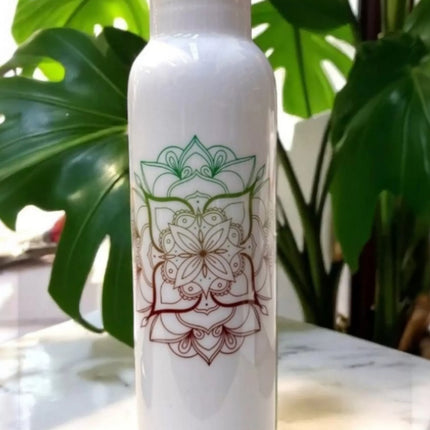 Pure copper white mandala water bottle with printed exterior and copper lid