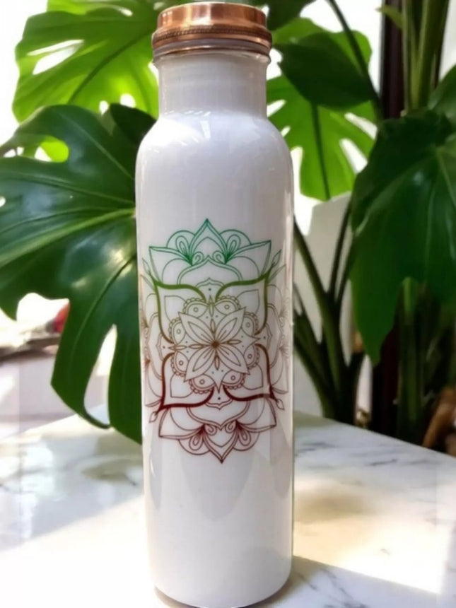 Pure copper white mandala water bottle with printed exterior and copper lid