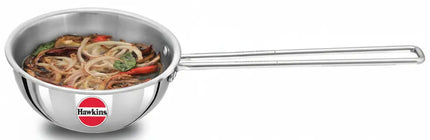 Stainless steel frying/tadka pan with food and Hawkins brand logo on a white background