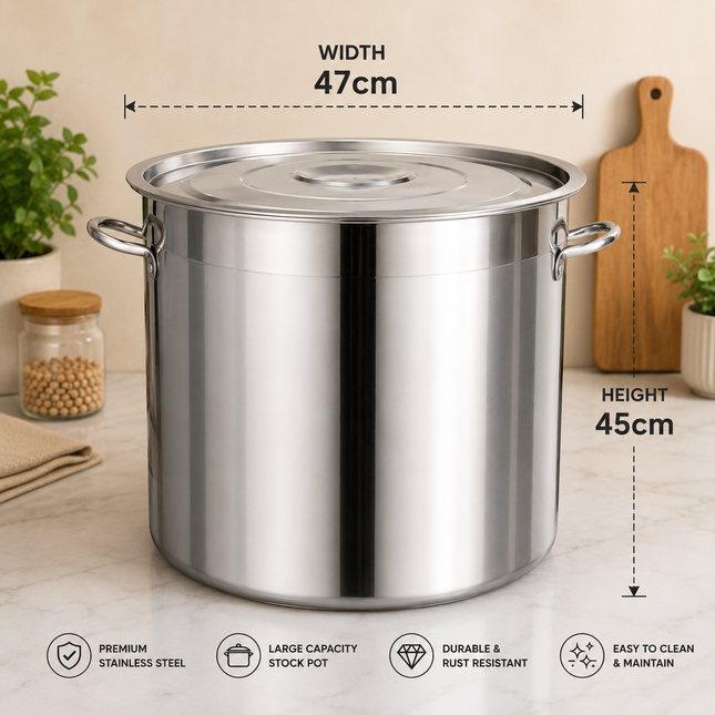 A large stainless steel stock pot with lid, shown on a kitchen counter with overlaid width and height measurements (47 cm by 45 cm) and feature icons for premium stainless steel, large capacity, rust resistance, and easy cleaning.