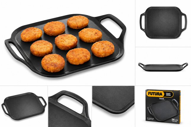 Futura cast iron square tava 26cm with side handles for roti paratha dosa cutlets and grilling