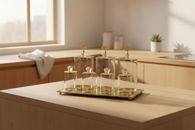 Set of glass canisters with gold accents on a tray in a kitchen setting