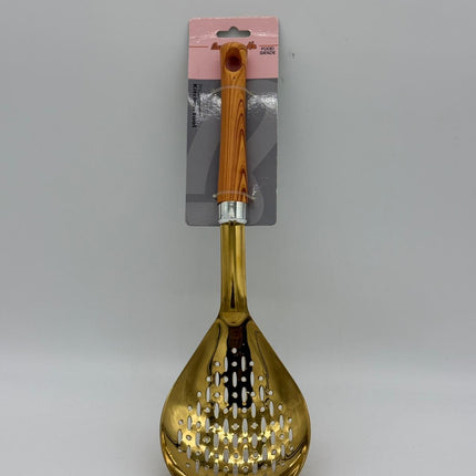 Luxury gold stainless steel skimmer spoon with wooden handle on white background