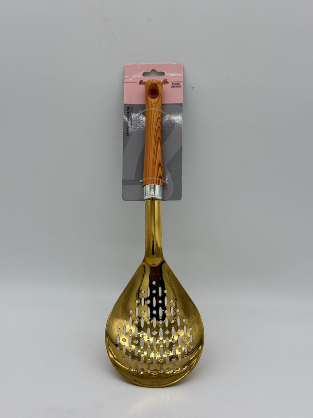 Luxury gold stainless steel skimmer spoon with wooden handle on white background