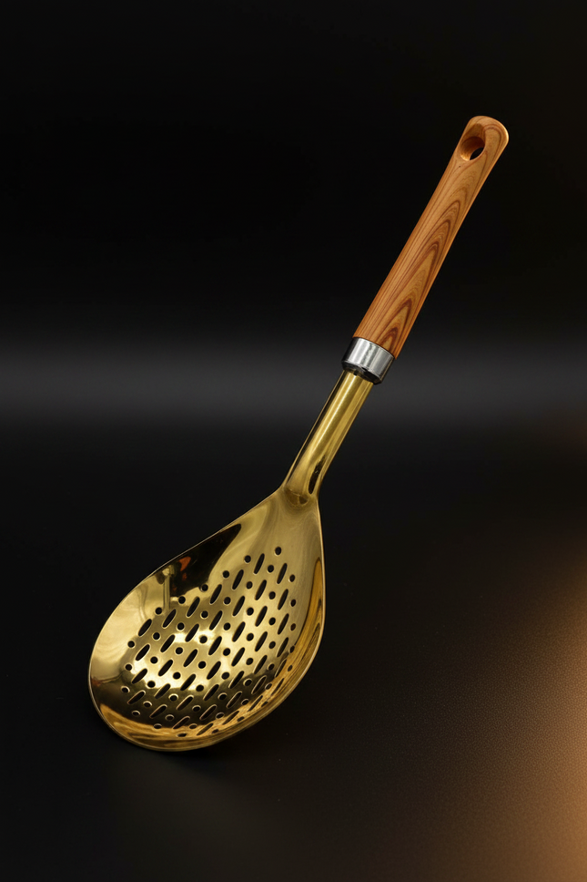 Luxury gold stainless steel skimmer spoon with wooden handle on white background