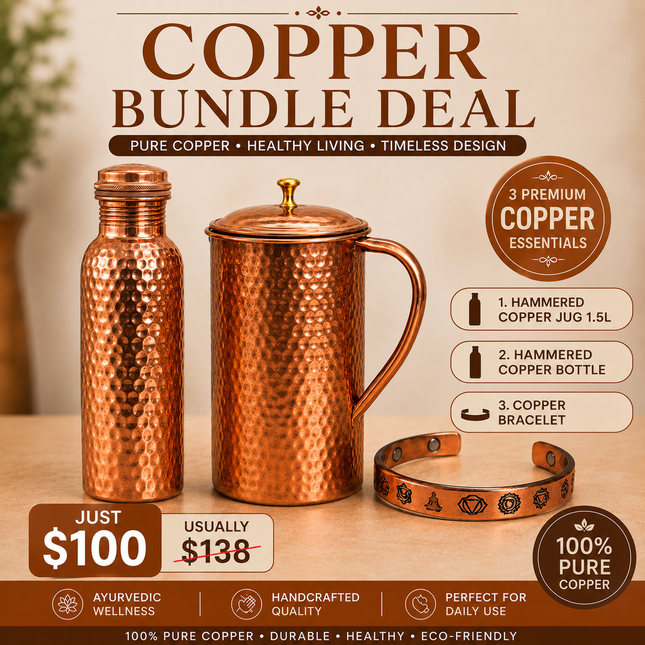 Three-piece pure copper bundle with 1.5L hammered copper jug, hammered water bottle and copper bracelet