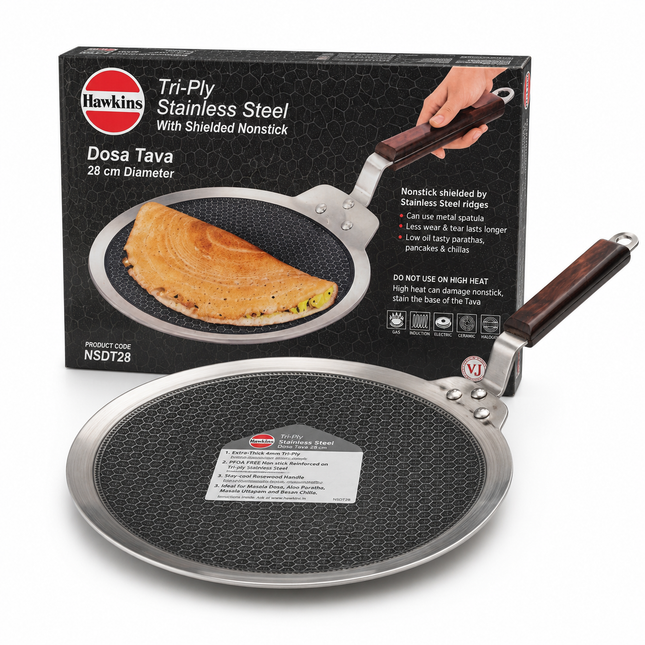 Hawkins Tri-Ply Stainless Steel Shielded Non Stick Dosa Tava Induction Compatible 26cm 28cm