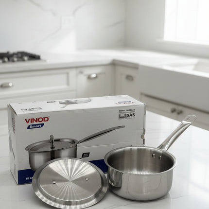 Vinod triply stainless steel saucepan with lid and packaging